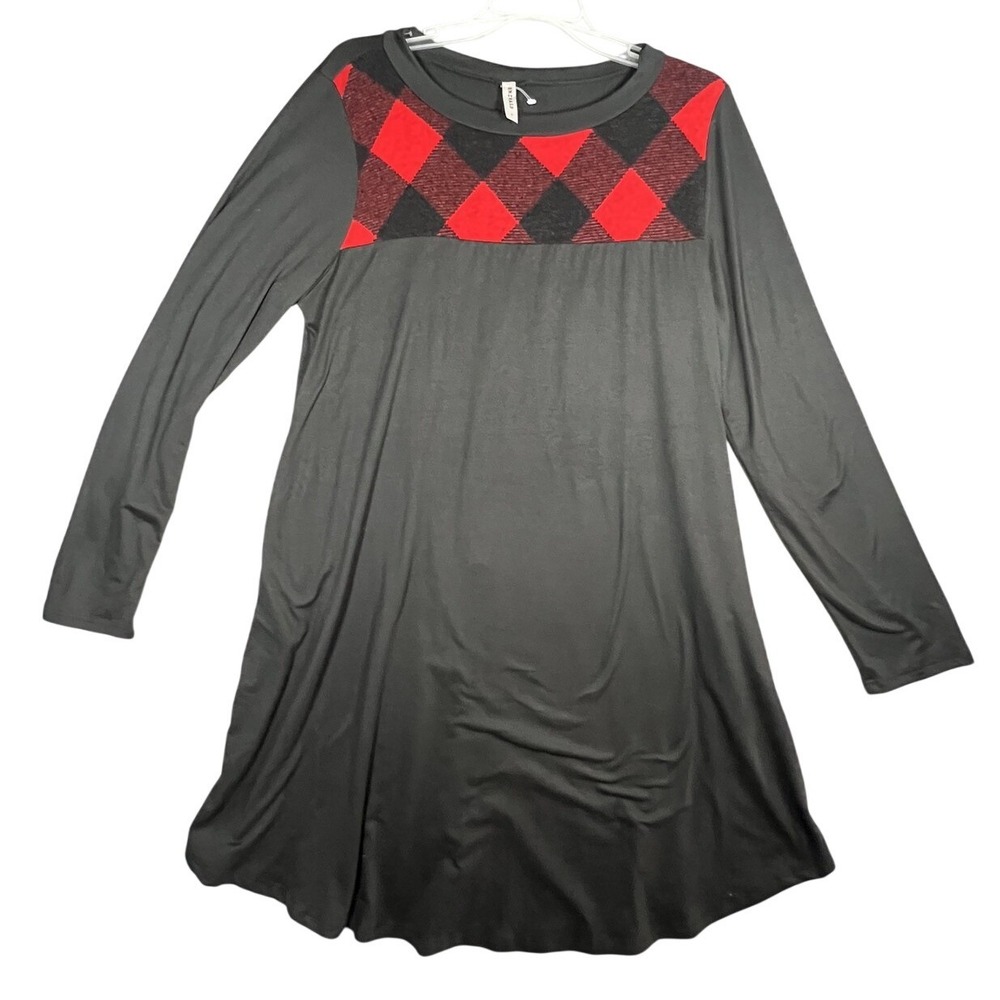 EMERALD Women's Black Red Buffalo Plaid Tunic Dress L Long Sleeve Button Back
